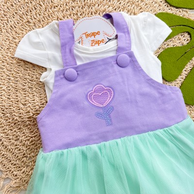 Conj. Body Manga Curta e Salopete Três Marias em Tule com Flor - Lilás e Verde